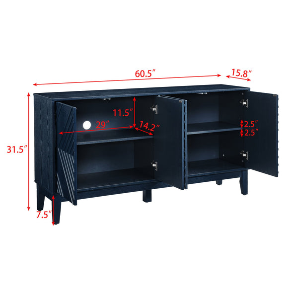 English Elm 60.5'' Buffet Cabinet with Fluted Geometric Doors, Mid-Century Sideboard with Adjustable Shelves & Outlet Holes Bear,Blue W1801P288507