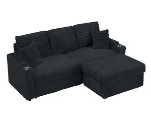 English Elm 80-inch Corduroy Convertible Sofa with Pull-out Chaise Cup Holder and Plush Pillow W3356P314464