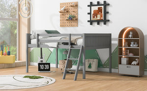 English Elm Full Low Loft Bed Pine Wood with Ladder & Guardrails, Space-Saving Play Area, Secure 350lb Capacity Gray WF531952AAE