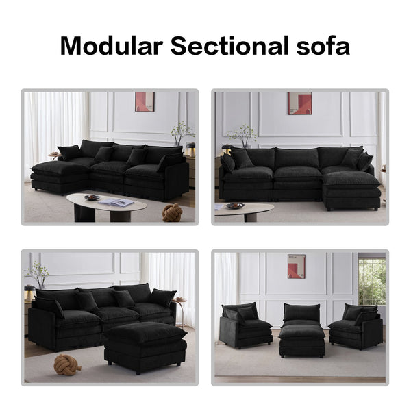 English Elm 105" L-shaped Chenille Sectional with Ottoman Pocket Spring Living Room Sofa Black W1097S00229