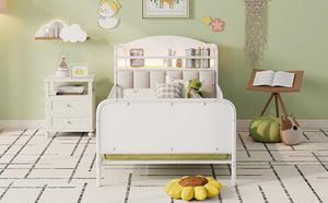 English Elm Twin Solid Wood Platform Bed with Guardrail for Kids, Low-Profile Sturdy Pine Frame, Safe Sleep Solution White 43.7 L x 16.93 W x 9.65 H W2593P337432