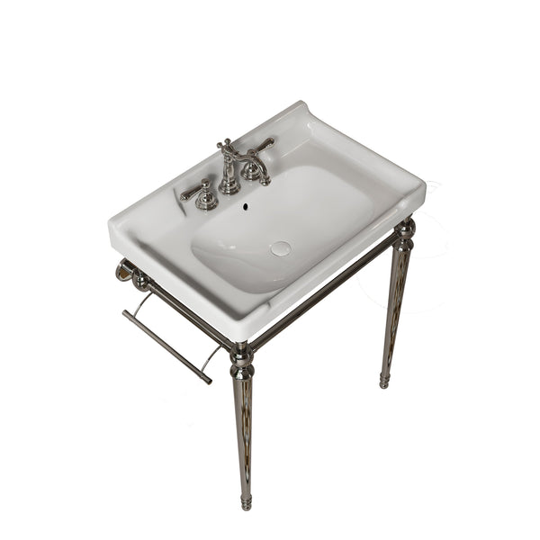 English Elm VICI 28" Bathroom Console Sink with Integrated Ceramic Basin, Overflow, Stainless Support Legs Chrome,White W2615S00112