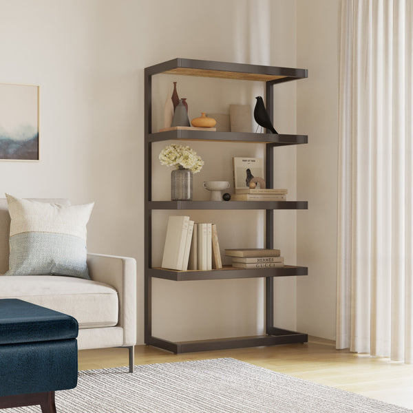 English Elm Erina Solid Acacia Bookcase with Distressed Charcoal Finish, 4 Open Shelves & Industrial Metal Frame Light Brown B136P158621