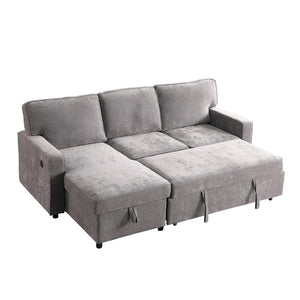 English Elm Upholstery Grey Sectional Sofa Bed with Storage Chaise, Built-in USB, Cup Holders, Chenille Comfort W1099S00151