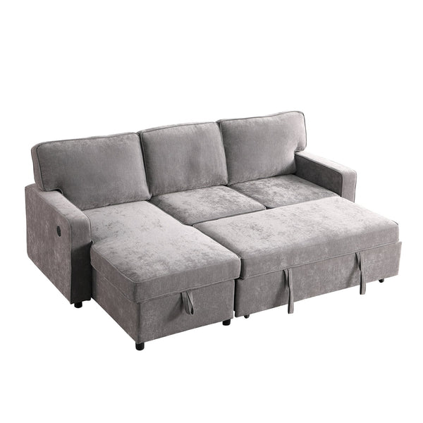 English Elm Upholstery Grey Sectional Sofa Bed with Storage Chaise, Built-in USB, Cup Holders, Chenille Comfort W1099S00151