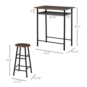 English Elm Homcom 3-Piece Counter Height Bar Table & Stool Set, Space-Saving Design With Storage Shelf, Black/Brown W2225P217932
