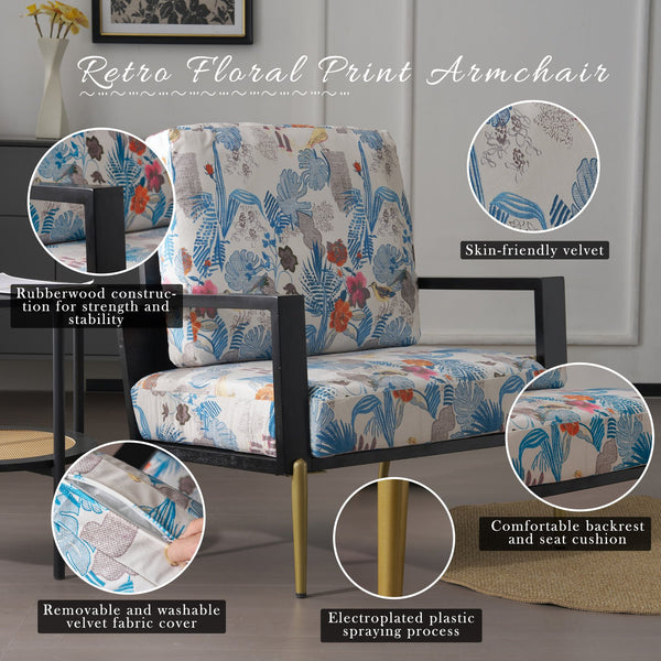 English Elm Christopher Knight Home® - Floral Velvet Accent Chair with Removable Washable Cover, Plush 5.51" Cushions & Gold Legs for Living Spaces N817P237961B