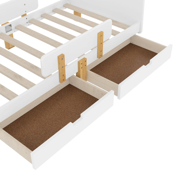 English Elm Twin Low Profile Kids Floor Bed Pine Wood Frame with Safety Rail and Built in Bookshelf Light White W1580P373241