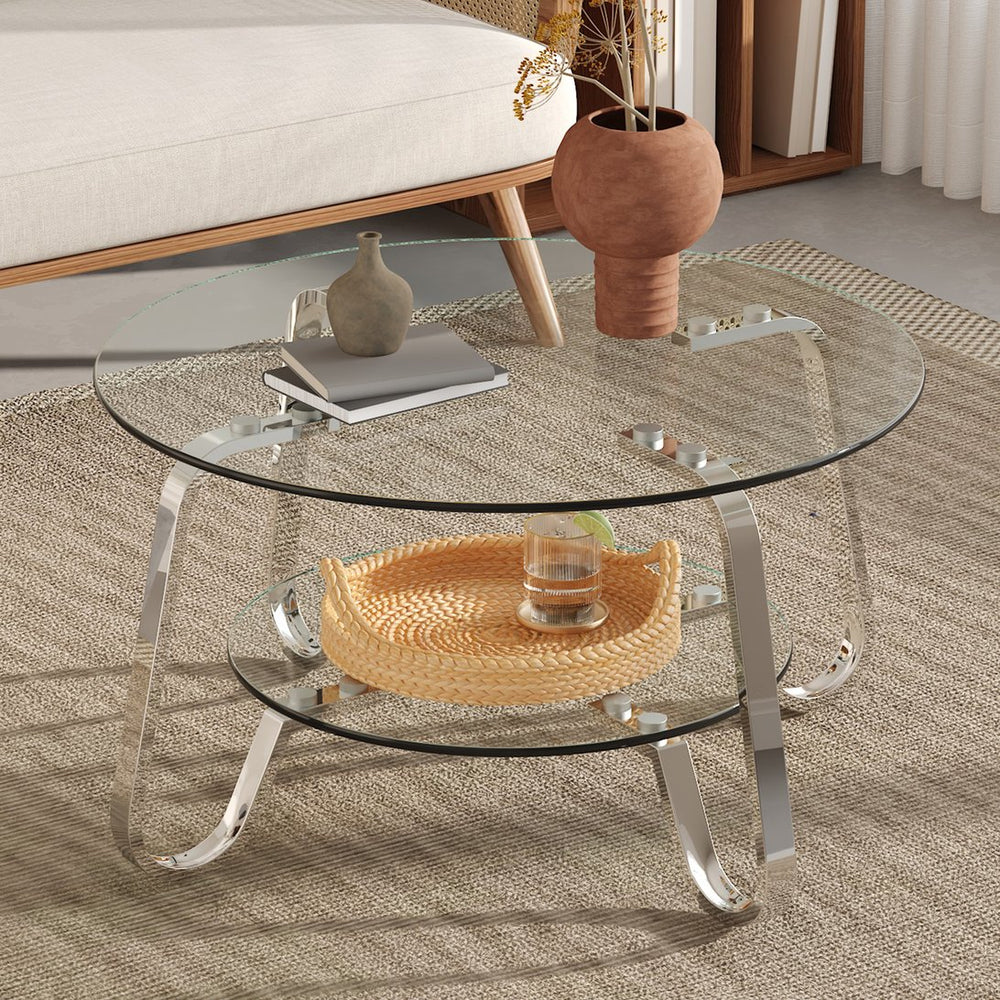 English Elm Retro Industrial Square Coffee Table Dual Tier Tempered Glass and Metal Frame Living Room W3875P391118