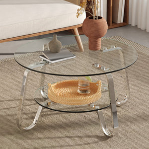 English Elm Retro Industrial Square Coffee Table Dual Tier Tempered Glass and Metal Frame Living Room W3875P391118