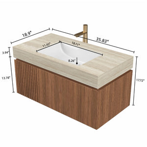 English Elm MURI Modern Wall-Mounted Vanity with Sintered Stone Top and Ceramic Basin, Plywood Cabinet, 39" Beige,Brown Oak W2615S00337