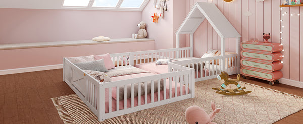 English Elm Full Full Size House Floor Bed with Door & Guardrails, Solid Wood Playful Design for Kids, Safe and Durable White W1580P327130
