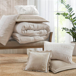 English Elm 7-piece Queen Jacquard Comforter Set Lace Accents Chambray Cottage Farmhouse Bedding Neutral B035P482888