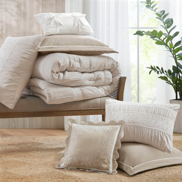 English Elm 7-piece King Jacquard Comforter Set Lace Detail Chambray Cottage Bedroom Ensemble Neutral B035P482889