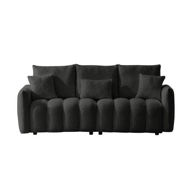 English Elm 78 Inch Teddy Velvet Three Seat Sofa Solid Wood Frame Plush Cushions for Living Room Black W2564S00125