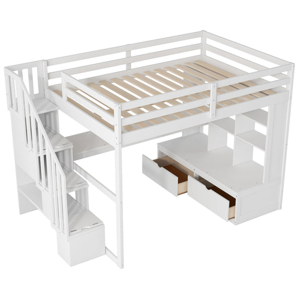 English Elm Full Full Size Loft Bed with Desk, Shelves, Two Drawers and Storage Staircase in Warm Wood Finish White GX000397AAK