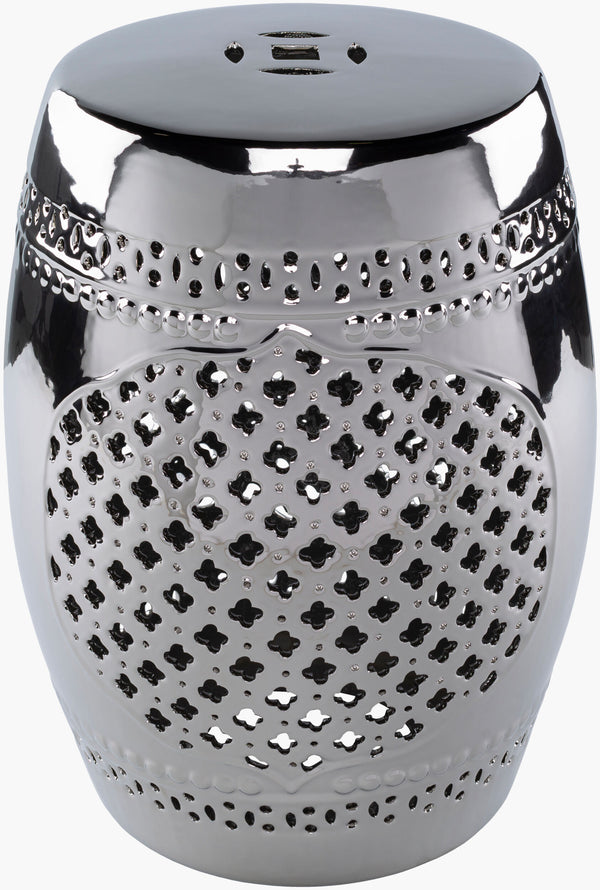 Surya Auburndale 18"H Ceramic Garden Stool - Stylish Outdoor Accent For Modern Patios & Gardens Top, Metallic ,Silver,Base, Metallic ,Silver Ceramic,Ceramic Adl-007