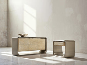 Bernhardt Bernhardt Lomond Nightstand — Midcentury Tarnished Nickel Shell, Trevin Oak Floating Drawer, 35.75"W 347230