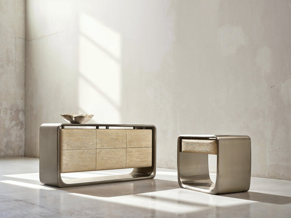 Bernhardt Bernhardt Lomond Nightstand — Midcentury Tarnished Nickel Shell, Trevin Oak Floating Drawer, 35.75"W 347230