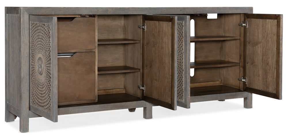 Hooker Furniture Melange Emmett Entertainment Console With Oak Veneer, Cane Doors, Metallic Medallions & Media-Ready Storage 628-85598-80