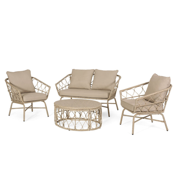 English Elm Christopher Knight Home® - BRUCE Boho 4PC Chat Set - Brown PE Rattan Loveseat, 2 Club Chairs & Coffee Table with Water-Resistant Cushions 70413.00LBRN