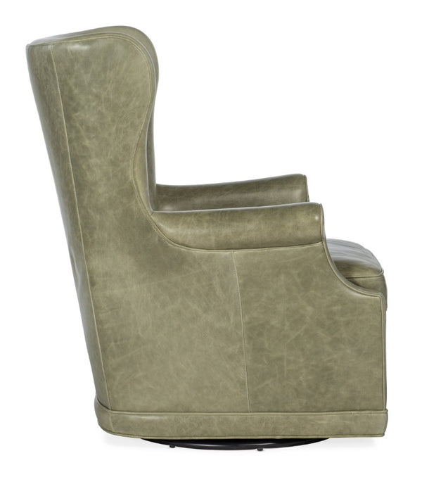 Hooker Furniture Mai Wing Swivel Club Chair In Aniline Top-Grain Leather With Tufted High Back And Smooth Swivel Motion Light Green CC536-SW-031