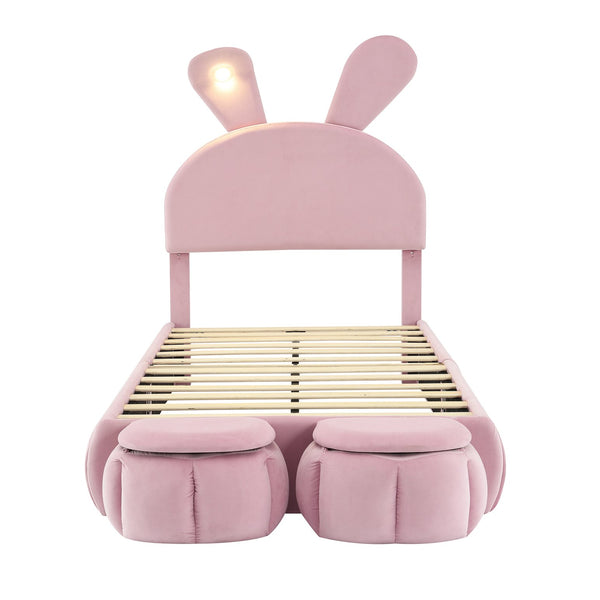 English Elm Twin Upholstered Platform Bed with Cute Cartoon Ears Headboard, LED Light, Adjustable Height, Pink WF321677AAH
