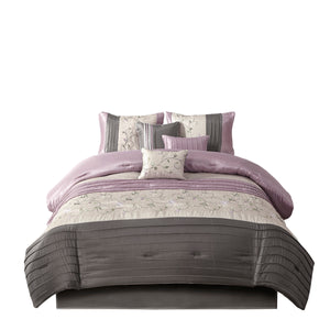English Elm Embroidered 7-Piece Comforter Set In Soft Purple & Grey For California King - Luxurious Floral Design B03596943