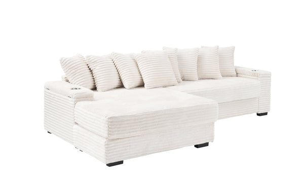 English Elm 111.4-inch corduroy L-shaped sofa with reversible chaise, armrest cup holders, lockers, sturdy frame Beige W1278S00103