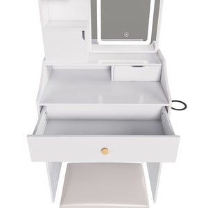 English Elm 3-color Led Vanity Table with Stool Drawers and Built-in Power Hub for Bedroom White W2700P457870