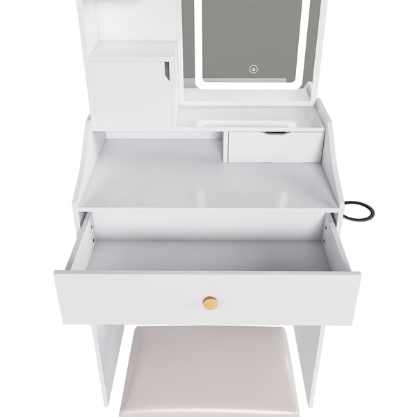 English Elm 3-color Led Vanity Table with Stool Drawers and Built-in Power Hub for Bedroom White W2700P457870