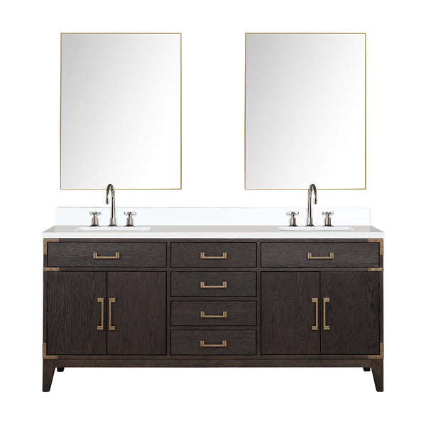 English Elm Brown Oak 72 in Double Bath Vanity with Cultured Marble Top, Chrome Faucet Set & Dual 34" Mirrors B2731S01862