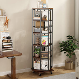 English Elm 5 Tier Rotating Corner Bookcase Rustic Brown Steel Wood Spinning Floor Shelf W2641P399191
