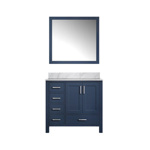 English Elm Navy Blue Bath Vanity With Right Offset Carrara Marble Top & Matching Mirror For Elegant Storage B2731S00692