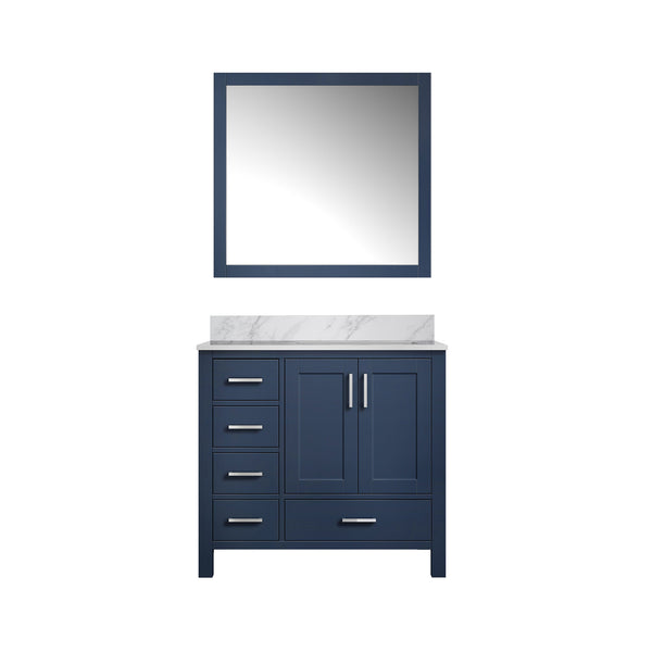English Elm Navy Blue Bath Vanity With Right Offset Carrara Marble Top & Matching Mirror For Elegant Storage B2731S00692
