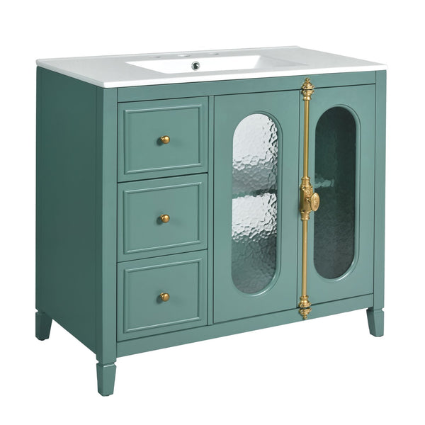 English Elm 36-inch Modern Bathroom Vanity Pine Frame Ceramic Sink 3 Drawers Glass Door Cabinet N710P223192F