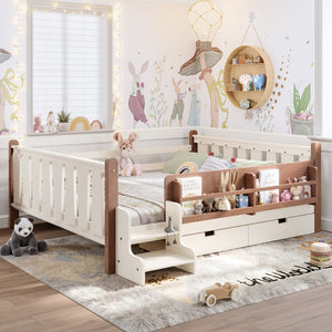 English Elm Queen Bunk Bed with Trundle Solid Pine Kids Car Themed Frame Built-in Bookshelf Beige W1580S00542