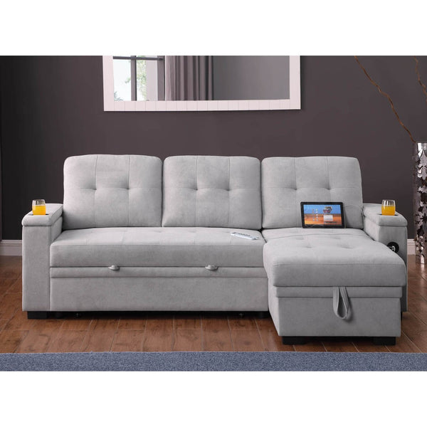 English Elm Woven Fabric Reversible Sleeper Sectional Sofa With Storage Chaise & Usb Ports For Modern Living B016S00042-GIGA