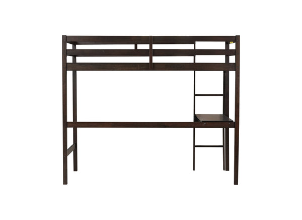 English Elm Twin High Loft Bed with Built-In Desk & Ladder, Espresso Rubberwood, Safety Guardrail, Space-Saving 90 W504P283513