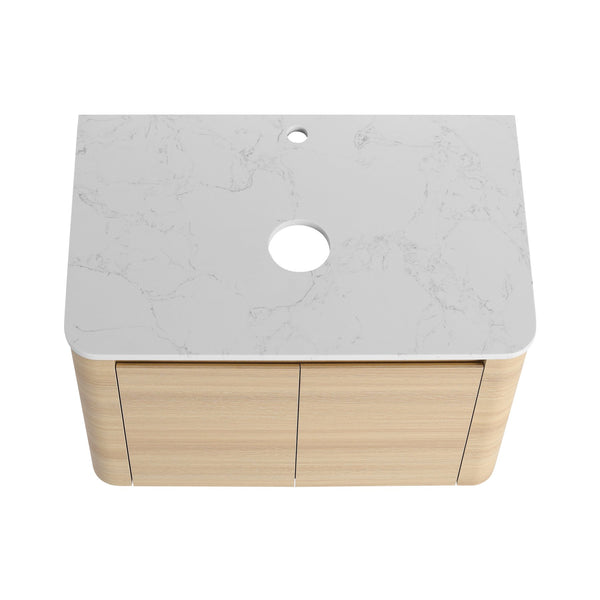 English Elm 30'' Wall-Mounted Bathroom Vanity With Ceramic Art Sink, Soft-Close Doors & Space-Saving Design W999S00463