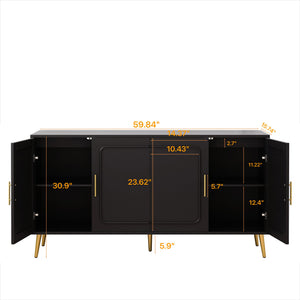 English Elm 59.84" Vintage Four-Door Cabinet with Plastic Rattan Panels, Black MDF Storage Console, Sturdy W757P203147