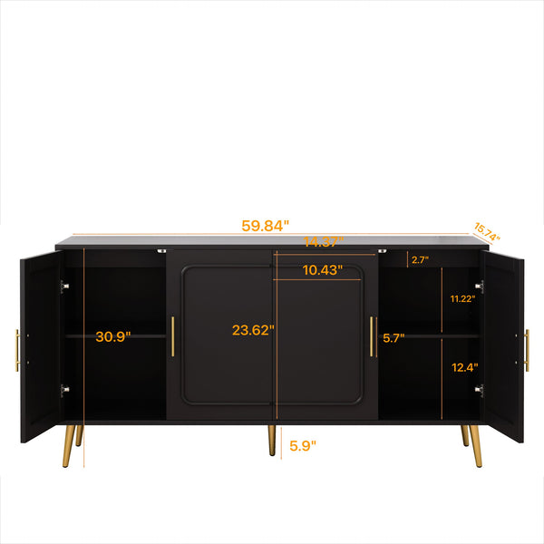 English Elm 59.84" Vintage Four-Door Cabinet with Plastic Rattan Panels, Black MDF Storage Console, Sturdy W757P203147
