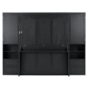 English Elm Queen Murphy Fold Down Wall Bed with Wardrobe Drawers and Shelves for Guest Rooms LP000909AAB