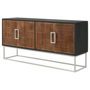 English Elm Washoe Rustic Walnut and Silver 4-Door Accent Cabinet with Metal Legs, Storage Shelves, 67"W B062P358336