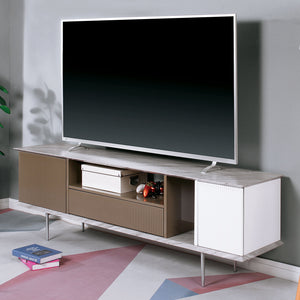 English Elm Modern Multi-Tone TV Console 70" with Open Shelves, Single Drawer, Replicated Marble Top, High-Gloss Finish B2741P361880