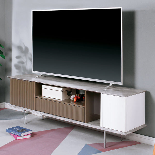 English Elm Modern Multi-Tone TV Console 70" with Open Shelves, Single Drawer, Replicated Marble Top, High-Gloss Finish B2741P361880