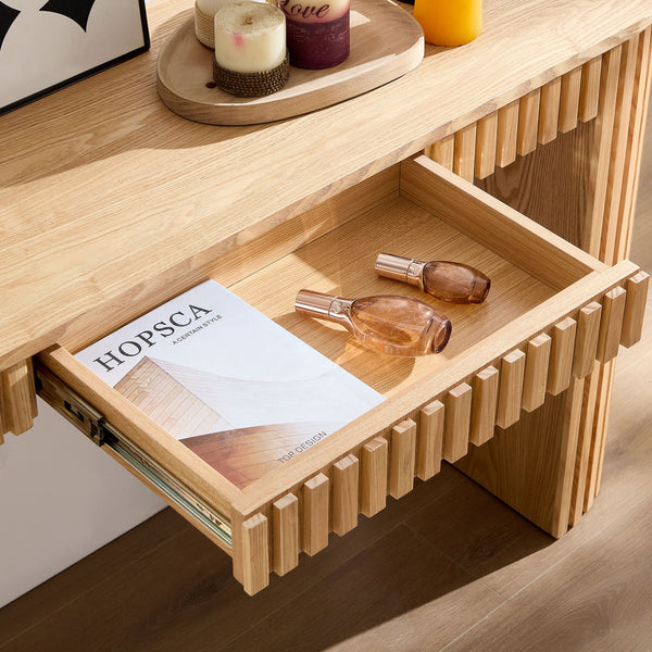 English Elm 59.05'' Matte Finish Console Table Curved Top Striped Legs Slim Entryway Foyer Natural W876P439955