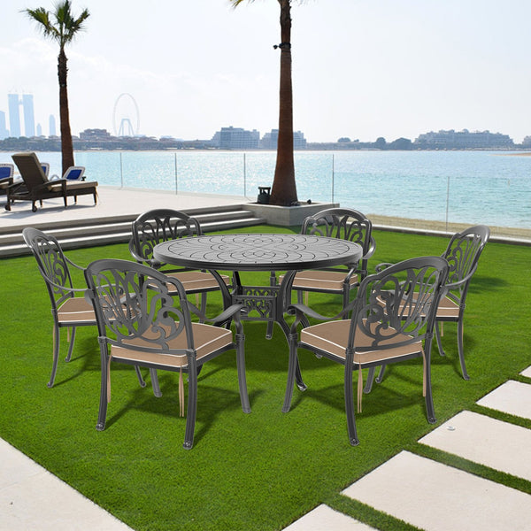 English Elm 7-Piece Cast Aluminum Patio Furniture Set With Brown Cushions For Stylish Outdoor Dining & Comfort W1710S00484