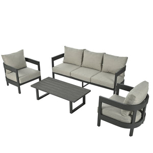 English Elm U_style Iron Frame Outdoor Seating Set with Plush Cushions and Faux Wood Accent Table N711P255070A
