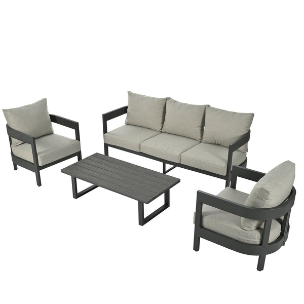 English Elm U_style Iron Frame Outdoor Seating Set with Plush Cushions and Faux Wood Accent Table N711P255067A